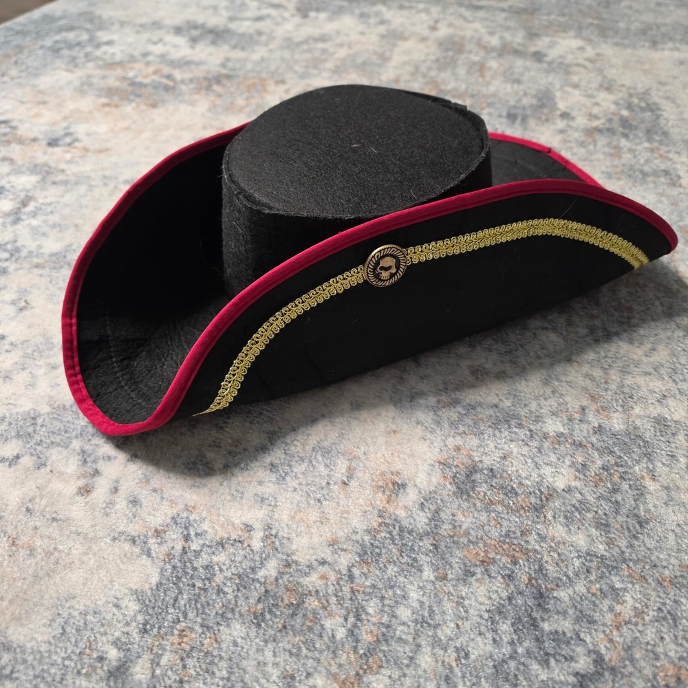 California Costume Pirate Hat Men OS Black Tricorn Red Gold Trim Skull OPHA50